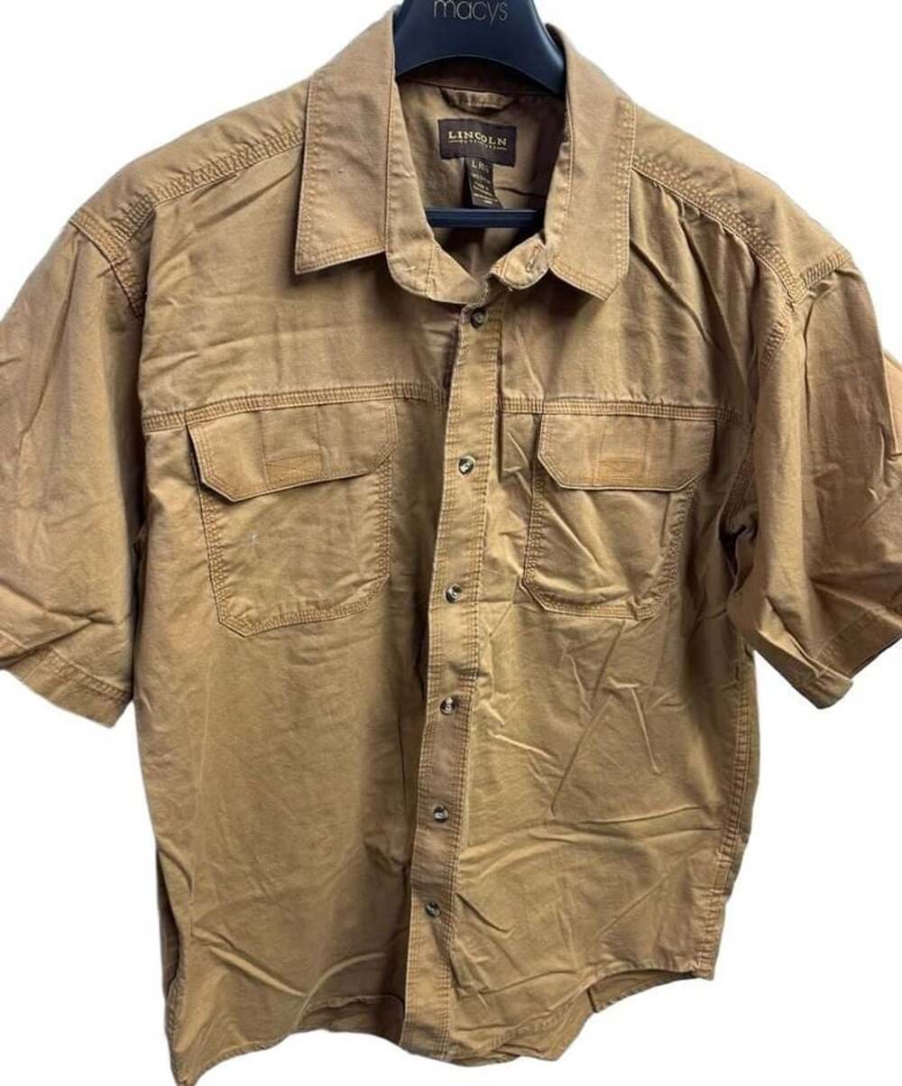 Lincoln Outfitters Shirt Size L Reg Tan Cotton Short Sleeve Pocket